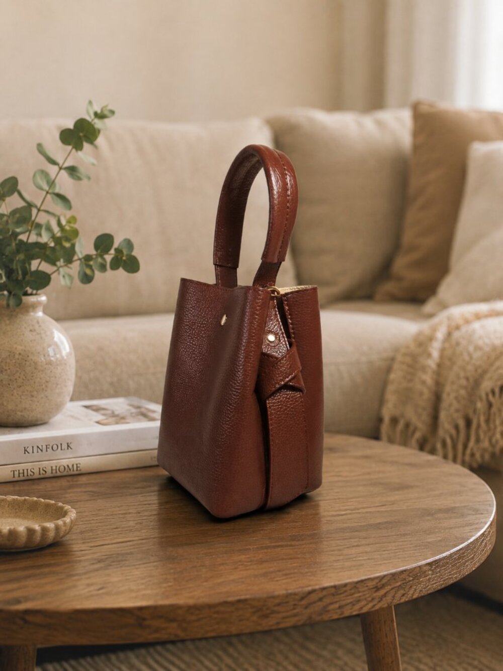Cognac Italian Leather Bucket Bag, Genuine Leather Handbag, Suede Detail Purse